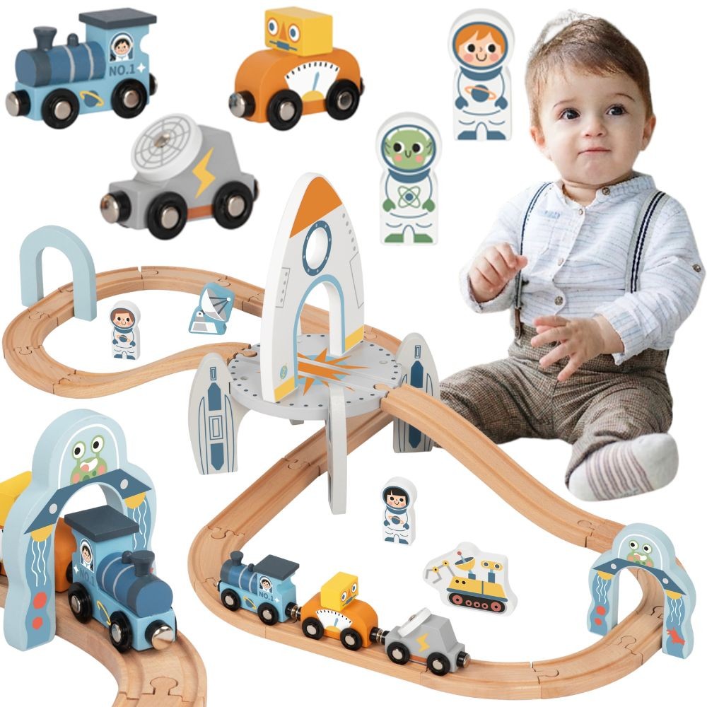 TOOKY TOY Drewniana Kolejka Kosmiczna Zestaw Tory