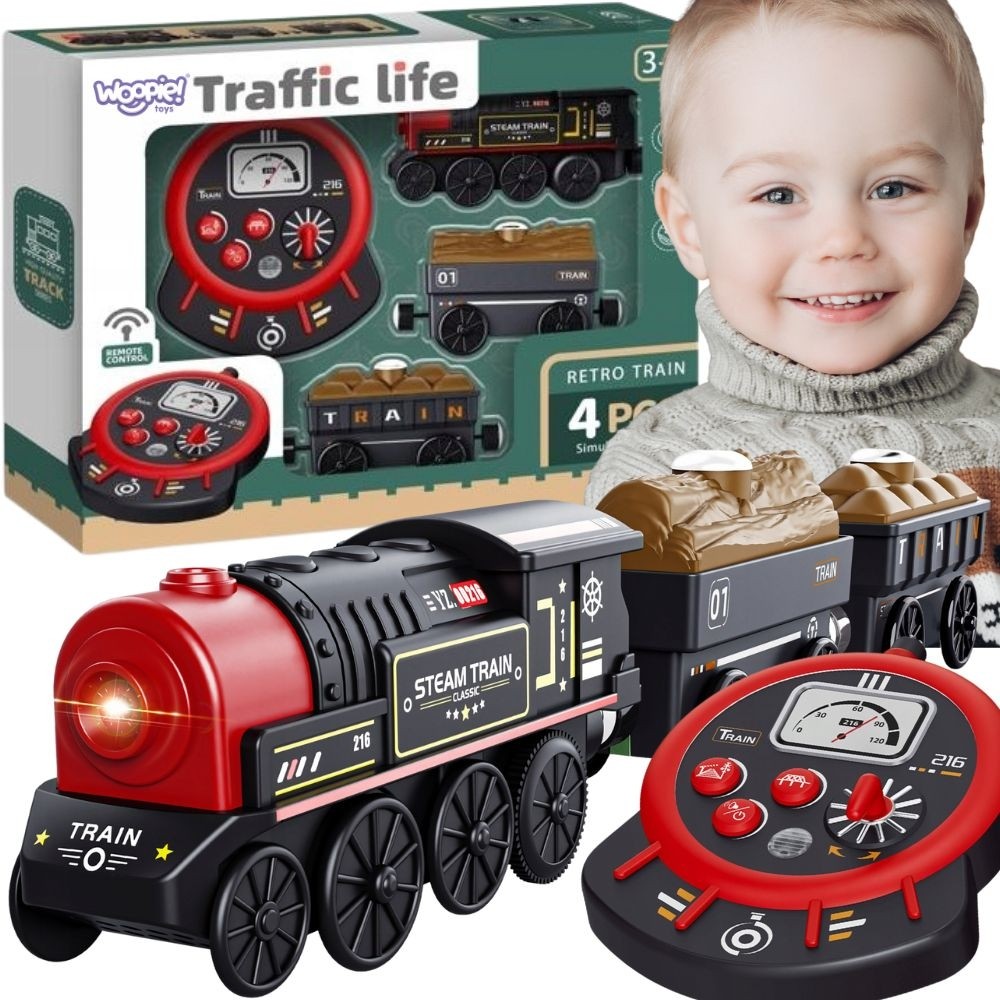 WOOPIE Lokomotywa Elektryczna Zdalnie Sterowana Kolejka Retro Wagony 4 el.