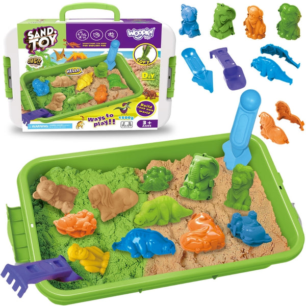 WOOPIE Piasek Kinetyczny 1,5 kg Zestaw XXL Zwierzęta ZOO Safari Stolik z Foremkami