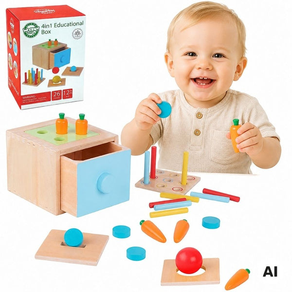 WOOPIE GREEN Drewniana Szuflada Edukacyjna 4w1 Sorter Montessori Gra w Marchewki FSC