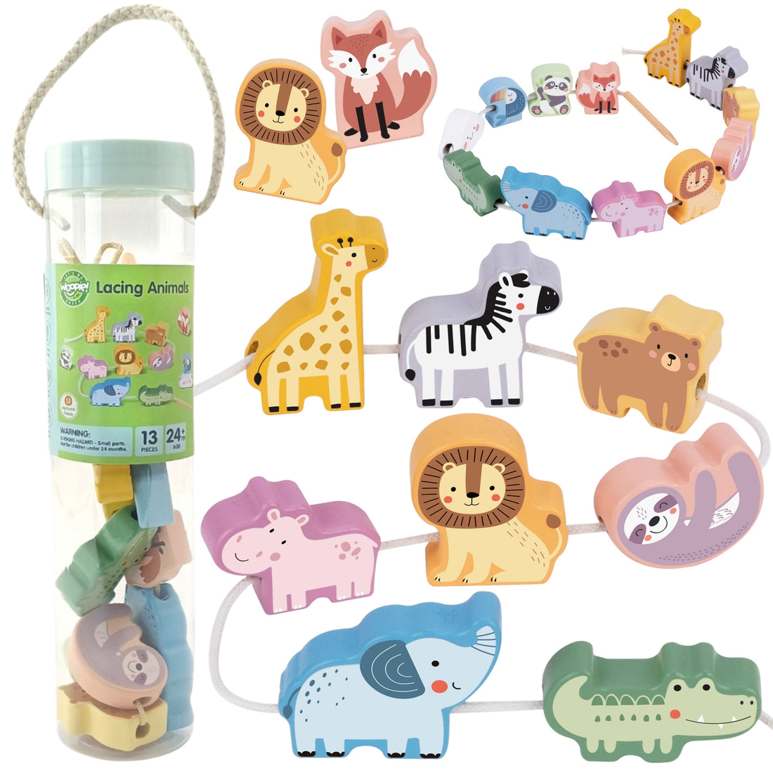 WOOPIE GREEN Drewniana Nawlekanka Klocki Przeplatanka ZOO Montessori 13 el.