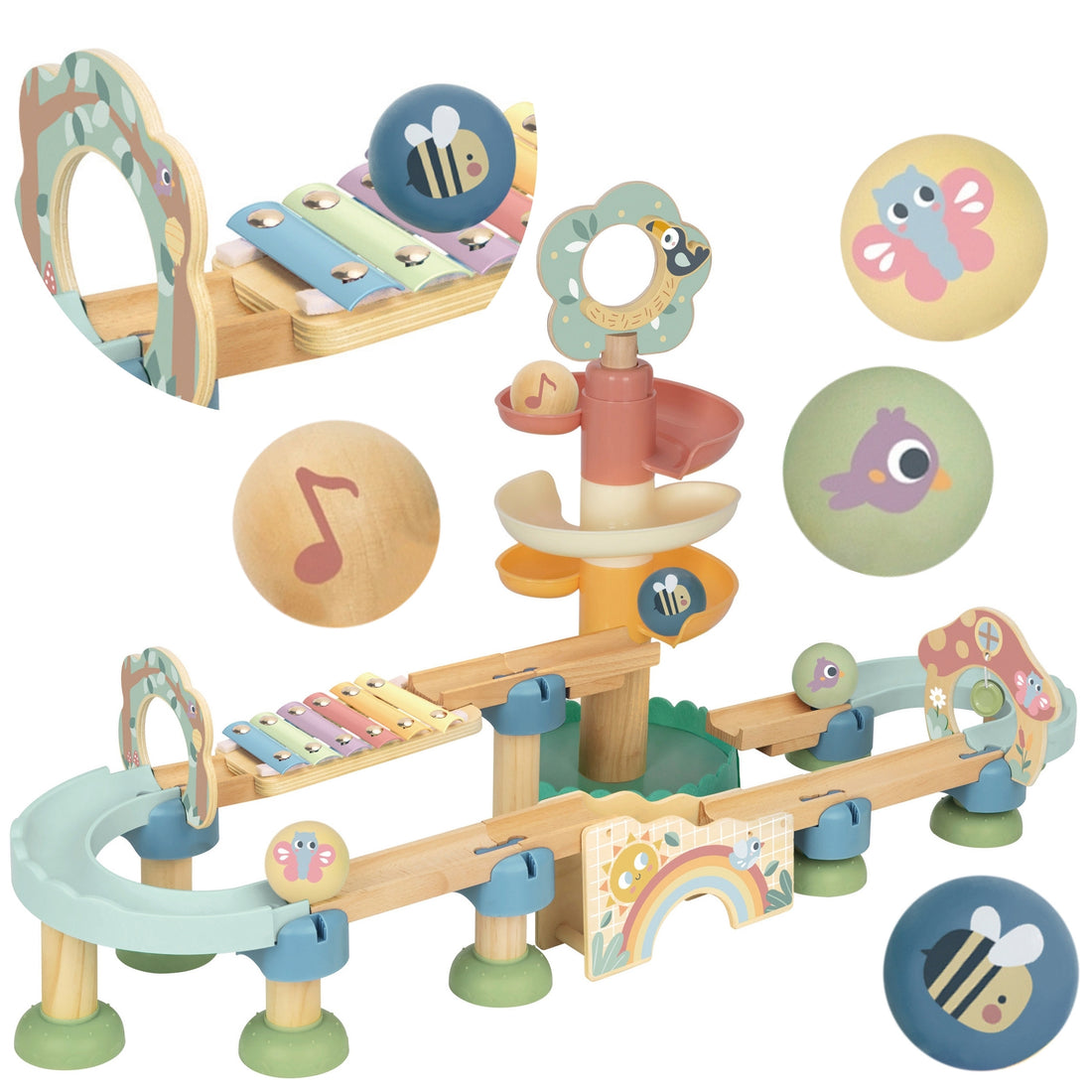 TOOKY TOY Drewniany Muzyczny Tor Kulkowy Kulodrom 44 el. Pastelowe