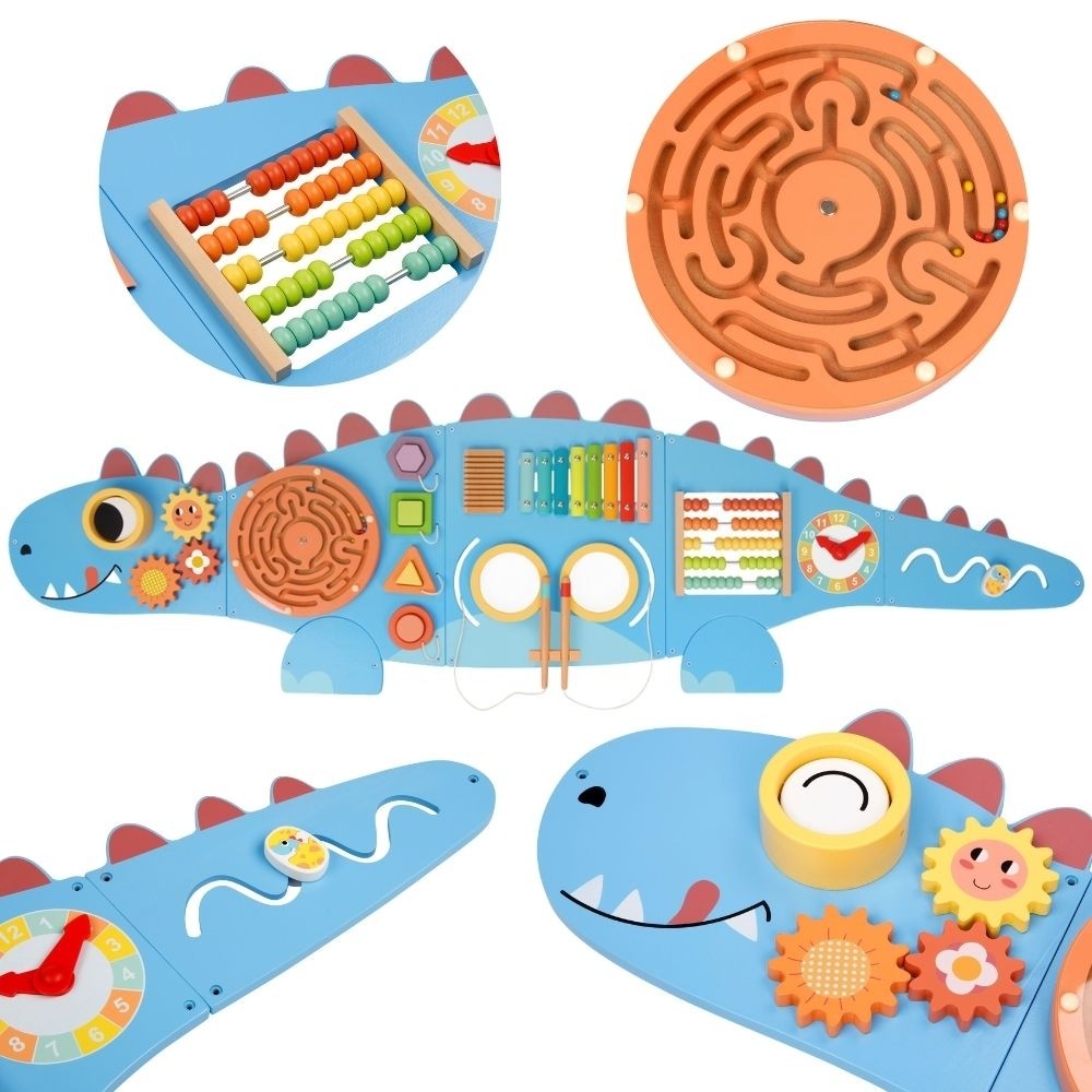 WOOPIE GREEN Drewniana Ścienna Tablica Manipulacyjna Dinozaur Montessori FSC