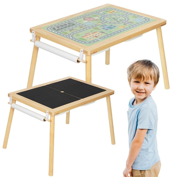 WOOPIE GREEN Drewniany Stolik Aktywności 4w1 Montessori Tablica Kredowa Pojemniki Mapa Miasta Papier Rysunkowy