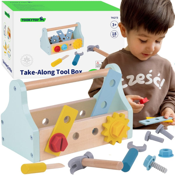 TOOKY TOY Drewniana Skrzynka z Narzędziami Zestaw 18 el.