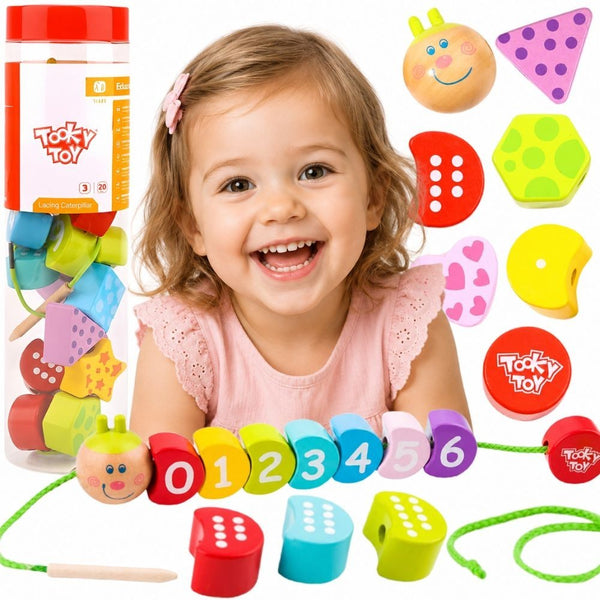 TOOKY TOY Drewniane Klocki do Nawlekania Gąsienica Nauka Liczenia 20 el.